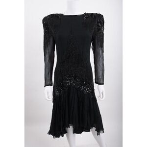 Vintage Black Tie He-Ro Womens Drp Waist Dress Sz 12 Black Beaded Sequined 80s